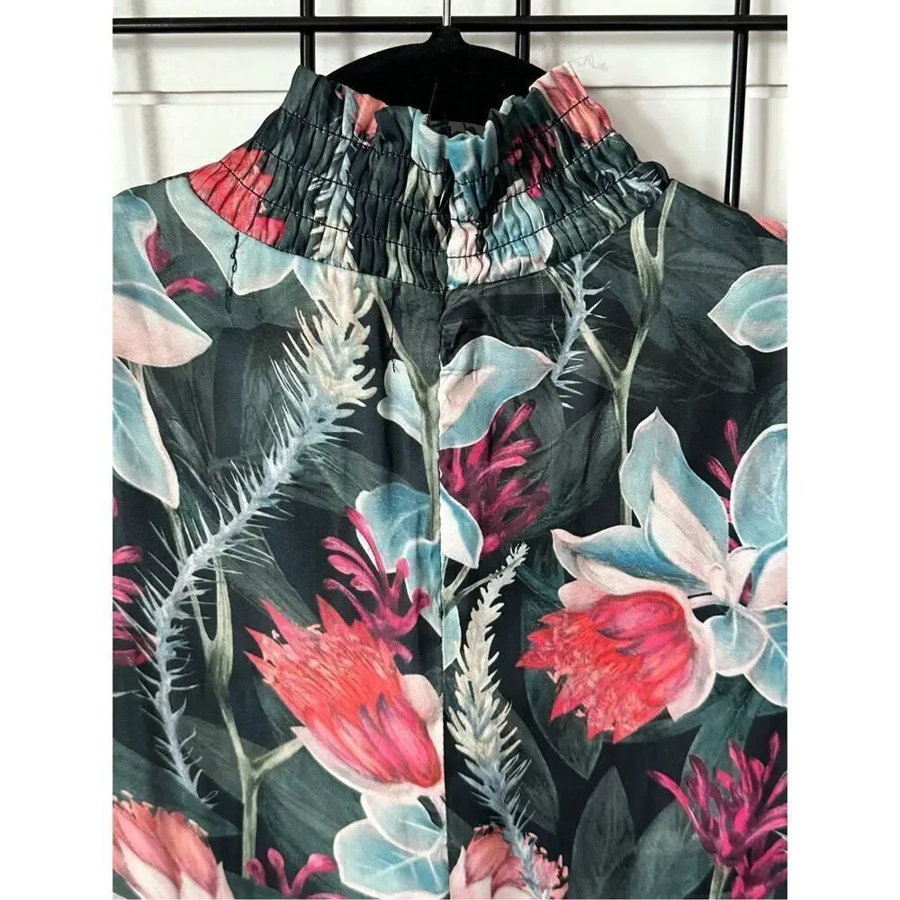 MinkPink Smocked‎ Sleeveless Turtleneck Womens S Tropical Floral Romantic